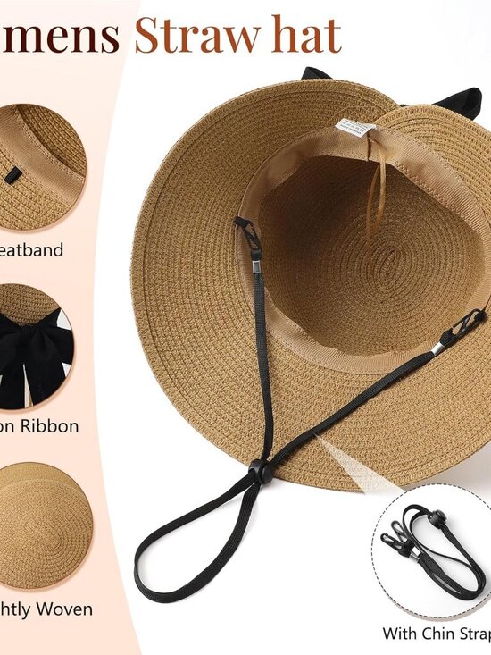 Women\'s Sun Hats Straw Beach Hat Sun Protection Foldable Khaki With Black Ribbon